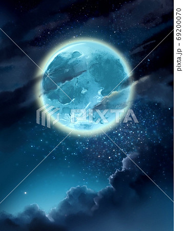 星空と幻想的な宇宙と満月のファンタジー背景のイラスト素材