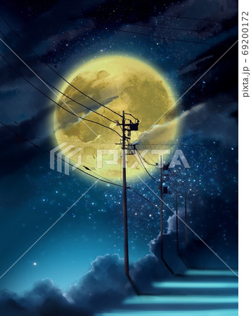 夜空に輝く星空と満月と電柱のシルエットのイラスト素材