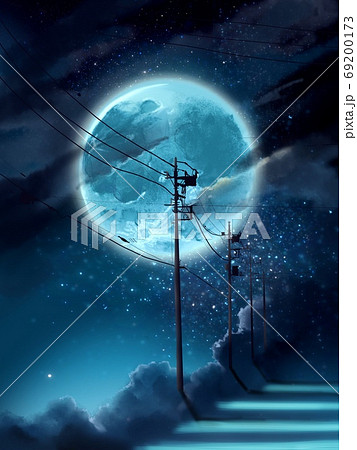 夜空に輝く星空と満月と電柱のシルエットのイラスト素材