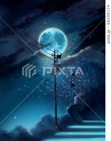 夜空に輝く星空と満月と電柱のシルエットのイラスト素材 [69200174] - PIXTA