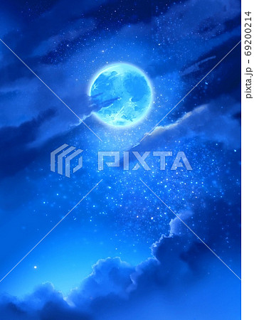 青く輝く満月と星空の風景画 69200214