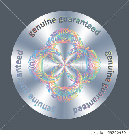 Genuine guaranteed metallic round hologram realistic sticker, icon, badge, seal stamp medal. Vector element for product genuine guarantee and label design Genuine guaranteed metallic round hologram realistic sticker, icon, badge, seal stamp medal. Vector element for product genuine guarantee and label design 69200980