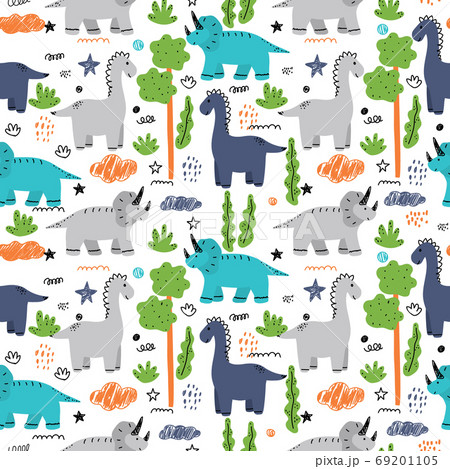 Bright childish seamless pattern with dinosaurs. 69201105