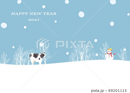 牛と雪だるまの年賀状のイラスト素材