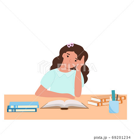 Sad school girl doing homework. のイラスト素材 [69201234] - PIXTA