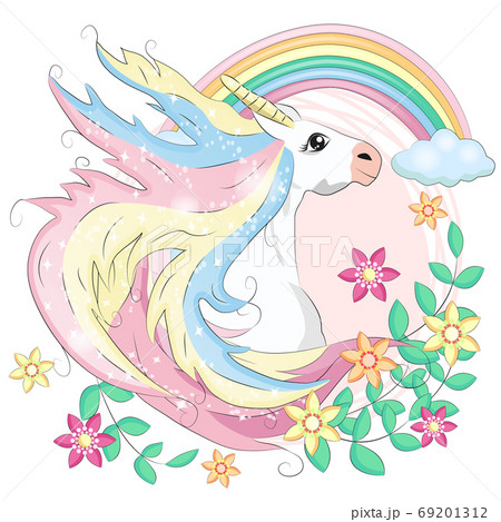 Unicorn face. Beautiful pony unicorns faces, magic horn in rainbow flower wreath and pony cute eyelashes head, fairytale rainbow magical cartoon 69201312