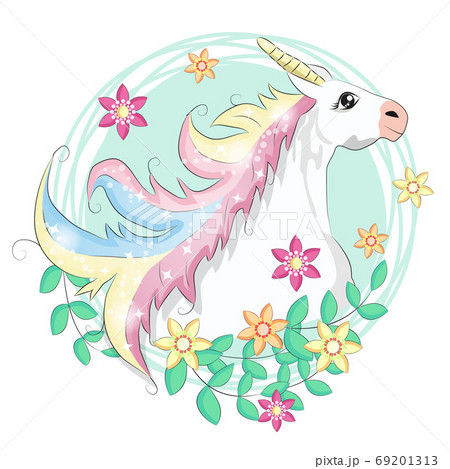 Unicorn face. Beautiful pony unicorns faces, magic horn in rainbow flower wreath and pony cute eyelashes head, fairytale rainbow magical cartoon 69201313