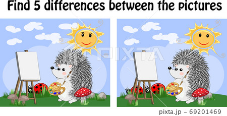 Find the differences between the pictures. A learning game for children. The hedgehog draws on an easel on a fairytale glade Find the differences between the pictures. A learning game for children. The hedgehog draws on an easel on a fairytale glade 69201469