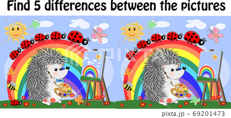 Find the differences between the pictures. Children's educational game. A hedgehog artist on a clearing with a rainbow draws on an easel 69201473