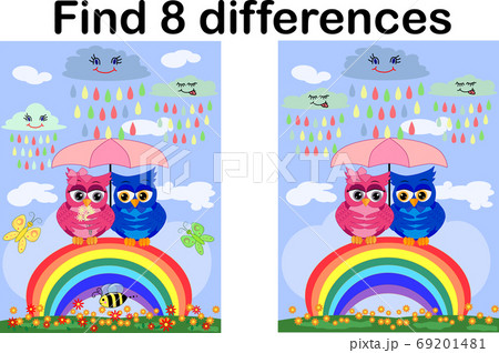 Children games: Find differences. Little cute owl sits on the tree branch. Children games: Find differences. Little cute owl sits on the tree branch. 69201481