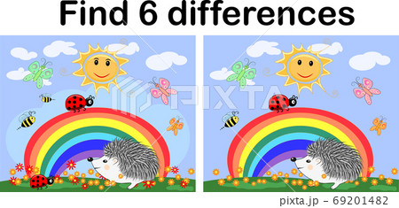 Find the differences between the pictures. Children's educational game. A hedgehog artist on a clearing with a rainbow draws on an easel 69201482