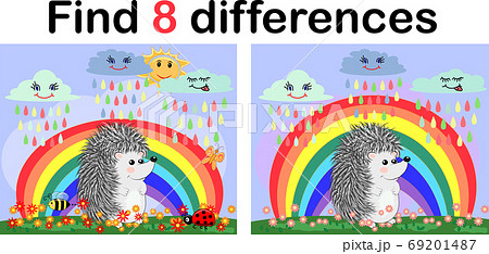 Find the differences between the pictures. Children's educational game. A hedgehog artist on a clearing with a rainbow draws on an easel 69201487