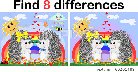 Find the differences between the pictures. Children's educational game. A hedgehog artist on a clearing with a rainbow draws on an easel Find the differences between the pictures. Children's educational game. A hedgehog artist on a clearing with a rainbow draws on an easel 69201488