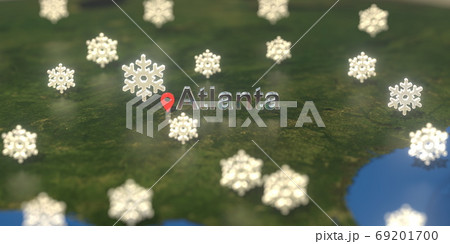 Atlanta city and snowy weather icon on the map, weather forecast related 3D rendering 69201700