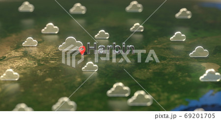 Cloudy weather icons near Harbin city on the map, weather forecast related 3D rendering 69201705