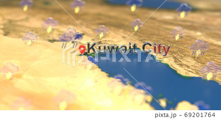 Kuwait city and stormy weather icon on the map, weather forecast related 3D rendering Kuwait city and stormy weather icon on the map, weather forecast related 3D rendering 69201764