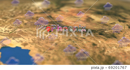 Rainy weather icons near Phoenix city on the map, weather forecast related 3D rendering Rainy weather icons near Phoenix city on the map, weather forecast related 3D rendering 69201767