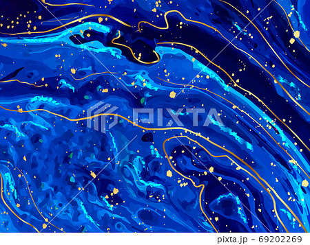 Blue marble and gold abstract background texture. Indigo, blue marbling with natural luxury style lines of marble and gold powder. Vector 69202269
