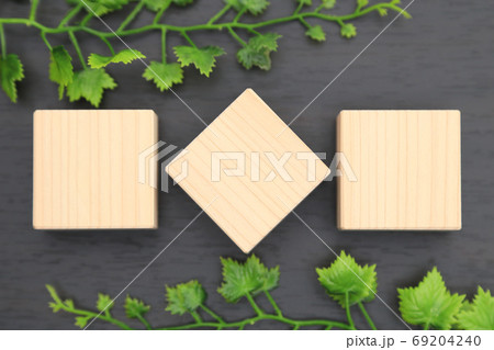 四角形のヒノキのブロックと新緑　テキストスペース　コピースペース　 69204240