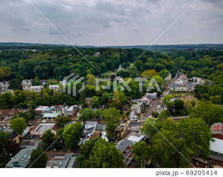 Aerial of residential quarters at beautiful town  historic city New Hope Pennsylvania 69205414