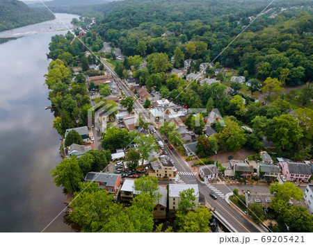 Overhead view of Delaware river small town Lambertville New Jersey  historic New Hope Pennsylvania 69205421