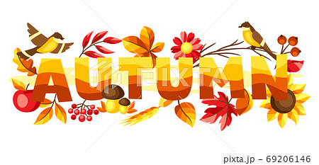 Autumn background with seasonal leaves and items. 69206146
