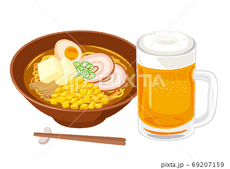 ビールと味噌ラーメンのイラストのイラスト素材