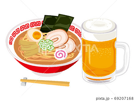 ビールとラーメンのイラスト ビールとラーメンのイラスト 69207168