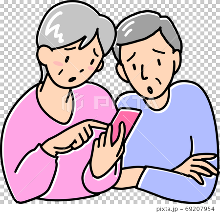 困りがおでスマホを見るシニア夫婦 69207954