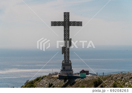 Russia. Krasnodar region. High 43-meter Orthodox cross on the Markhotsky ridge with a view of The Gelendzhik Bay. 69208263