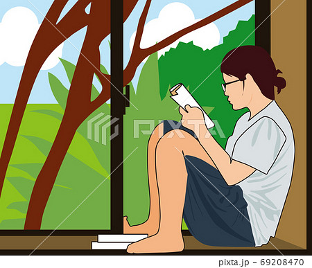 家着姿で休日に窓際で読書を楽しむ女性 ベクターのイラスト素材