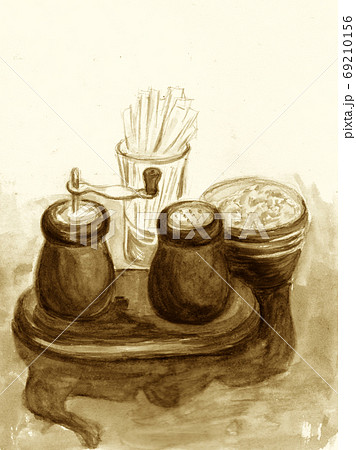 Salt and pepper shakers on table in cafe. Watercolor illustration. Hand-drawn sketch. Sepia, beige and brown monochrome colors 69210156