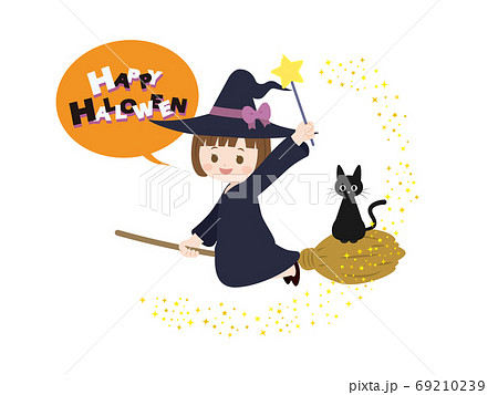 ハロウィン ハロウィーン 箒に乗る魔女の子のイラストのイラスト素材