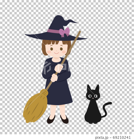 かわいい魔女の子と黒猫のイラストのイラスト素材