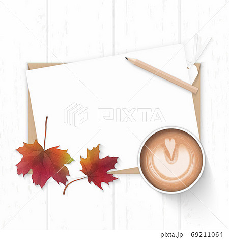 Flat lay top view elegant white composition paper kraft envelope Flat lay top view elegant white composition paper kraft envelope 69211064