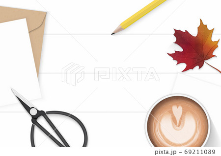Flat lay top view elegant white composition letter kraft paper e Flat lay top view elegant white composition letter kraft paper e 69211089