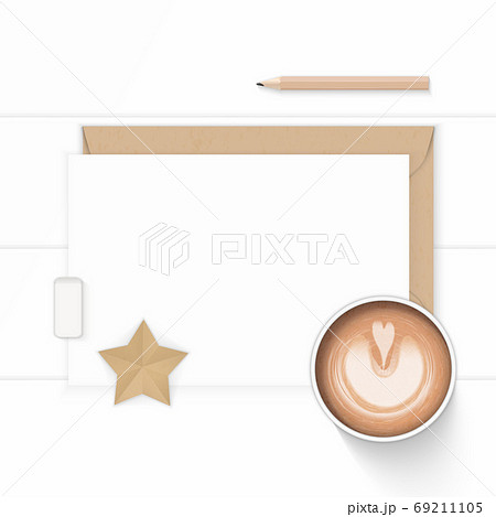 Flat lay top view elegant white composition paper kraft envelope 69211105