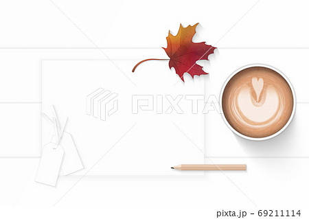 Flat lay top view elegant white composition paper pencil autumn 69211114