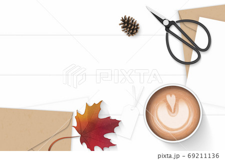 Flat lay top view elegant white composition letter kraft paper e Flat lay top view elegant white composition letter kraft paper e 69211136