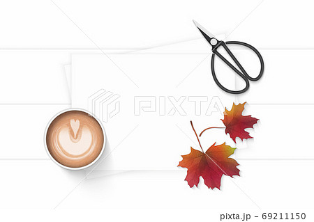 Flat lay top view elegant white composition paper coffee autumn 69211150