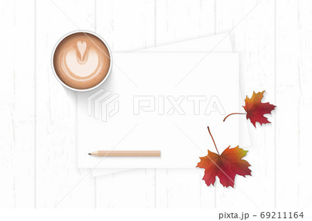 Flat lay top view elegant white composition paper autumn maple l 69211164