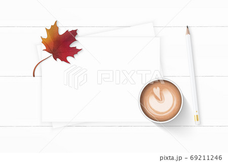 Flat lay top view elegant white Christmas composition paper penc 69211246