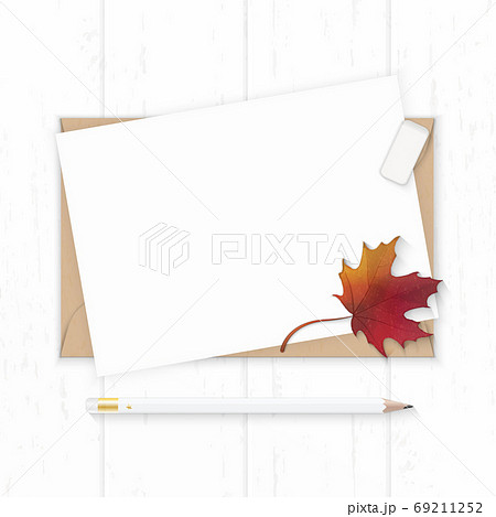 Flat lay top view elegant white composition paper kraft envelope Flat lay top view elegant white composition paper kraft envelope 69211252