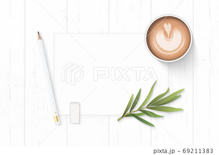 Flat lay top view elegant white composition paper pencil eraser Flat lay top view elegant white composition paper pencil eraser 69211383
