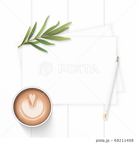 Flat lay top view elegant white composition paper pine cone coff 69211408
