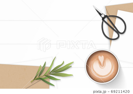 Flat lay top view elegant white composition letter kraft paper e Flat lay top view elegant white composition letter kraft paper e 69211420