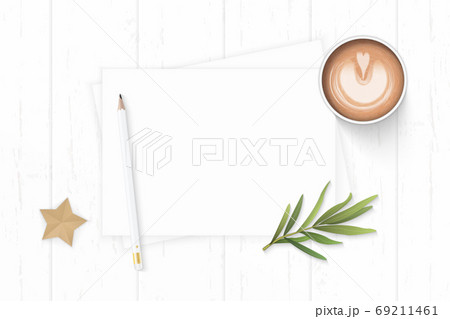 Flat lay top view elegant white composition paper coffee pencil 69211461