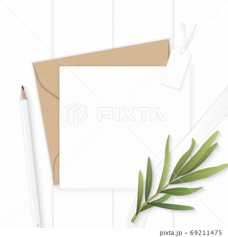 Flat lay top view elegant white composition letter kraft paper e Flat lay top view elegant white composition letter kraft paper e 69211475
