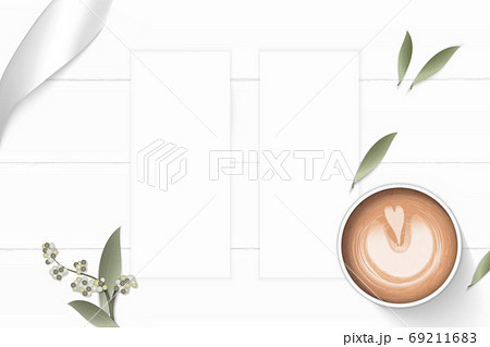 Flat lay top view elegant white composition paper flower leaf co 69211683