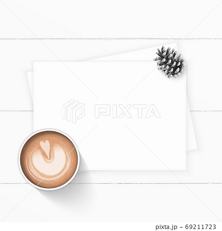 Flat lay top view elegant white Christmas composition paper pine Flat lay top view elegant white Christmas composition paper pine 69211723